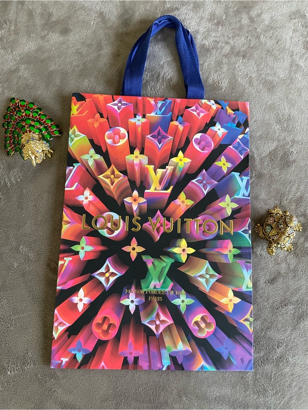 Louis Vuitton Multicolor Monogram Paper Tote with Blue Handles